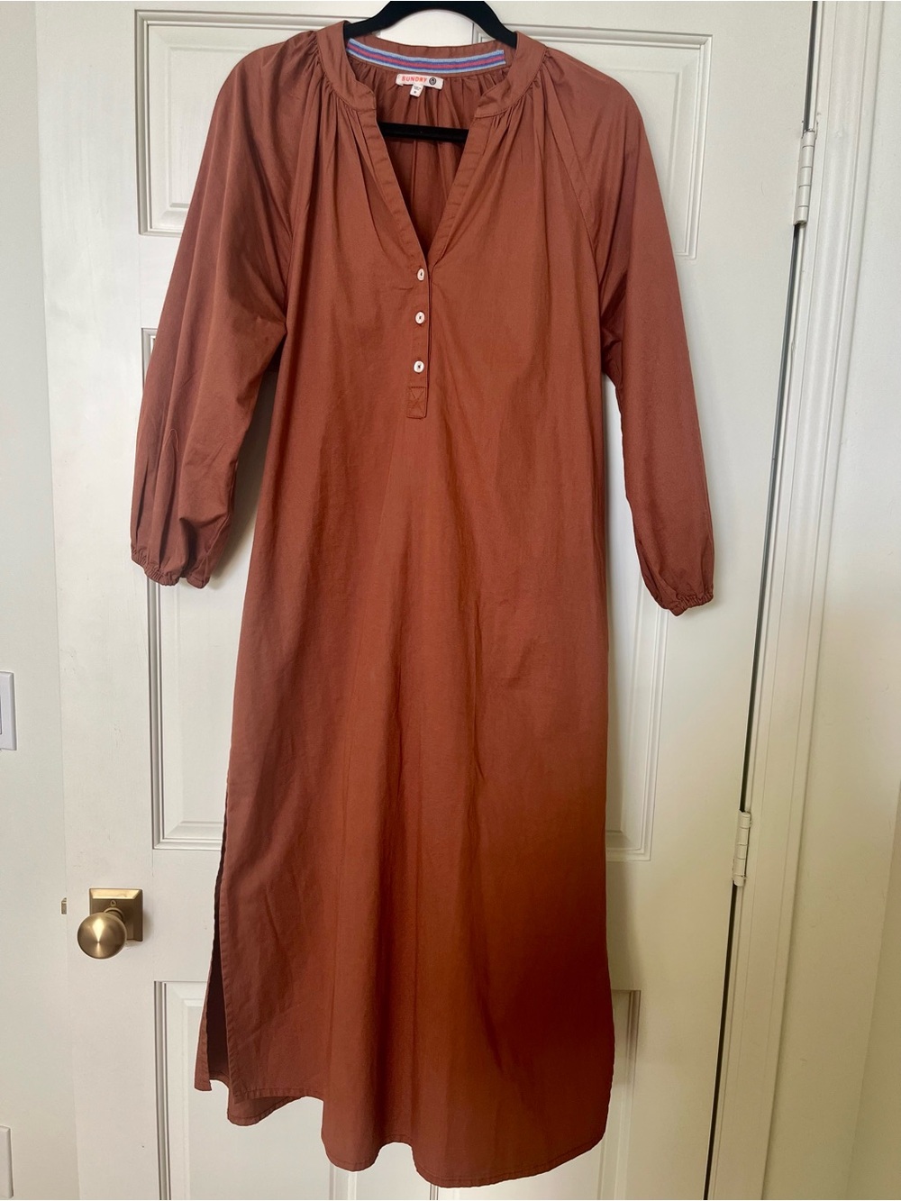 Sundry Raglan Cotton Woven Henley Dress Terracotta / Rust Women’s Small / 4
